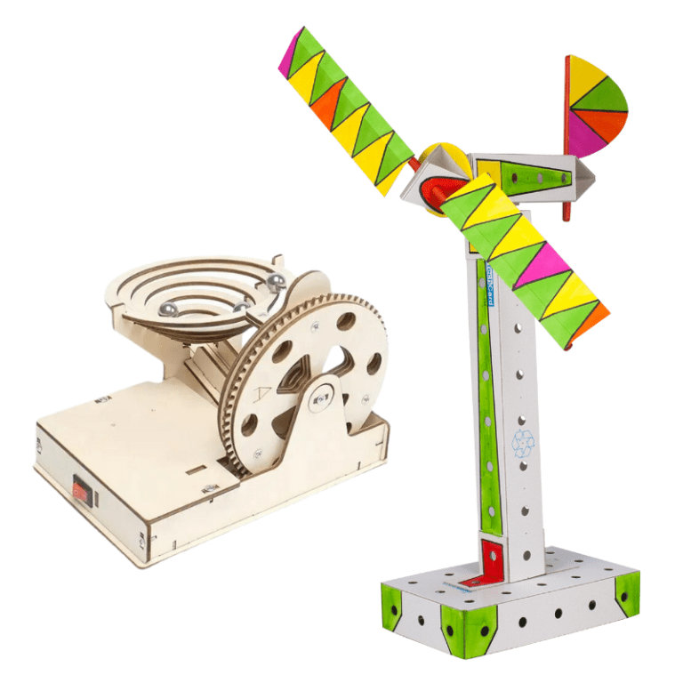 Examples of projects made with an engineering technology subscription box, including a windmill and a mechanical maze