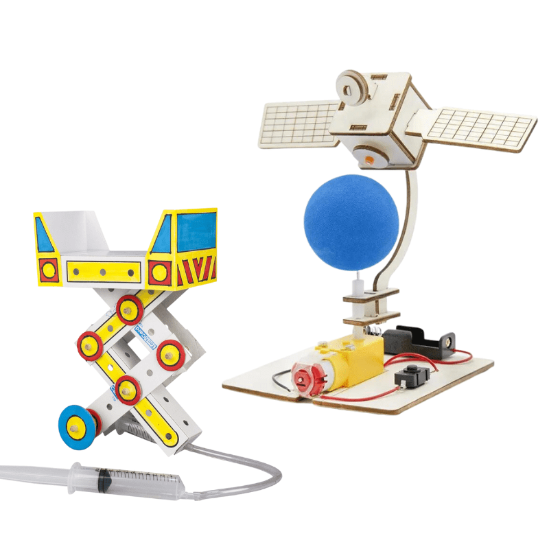 Examples of projects made with an engineering technology subscription box, including a rotating satellite model and a pneumatic scissor lift