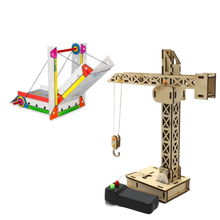 Remote controlled crane project with a functioning arm and movable parts for kids to assemble and control. Drawbridge project with a working mechanism that allows the bridge to raise and lower, designed for hands-on learning and building.