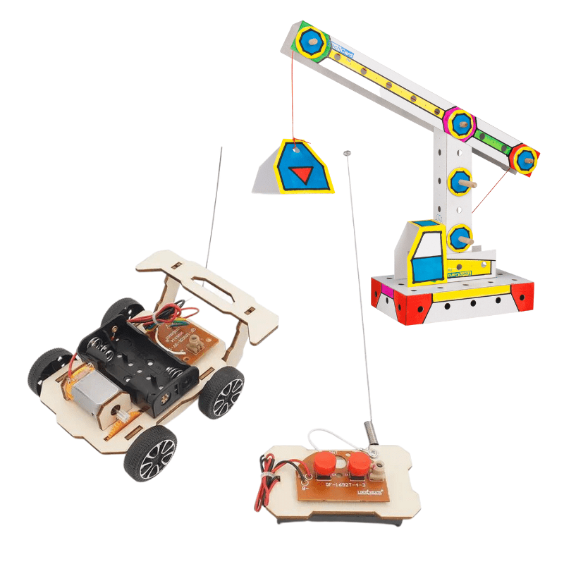 A collection of completed STEM subscription kit projects. Projects include a remoted controlled car, a lever crane, a small model of a bridge, and a solar-powered car. The projects showcase various engineering and technology concepts, demonstrating hands-on learning and creativity in STEM education.
